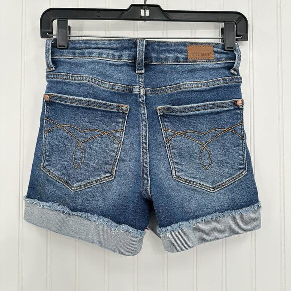 Judy Blue Shorts Womens XS Cuffed Blue Jean Denim Distressed Bandana Print *Flaw - Picture 3 of 11